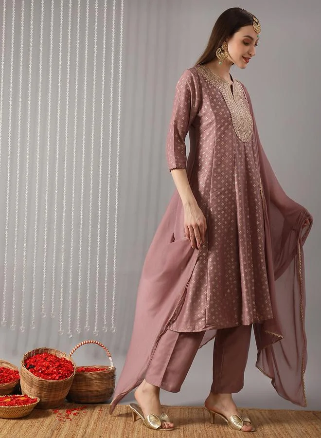 globus Women Pink Embroidered A-Line Kurta with Pant and Dupatta Set